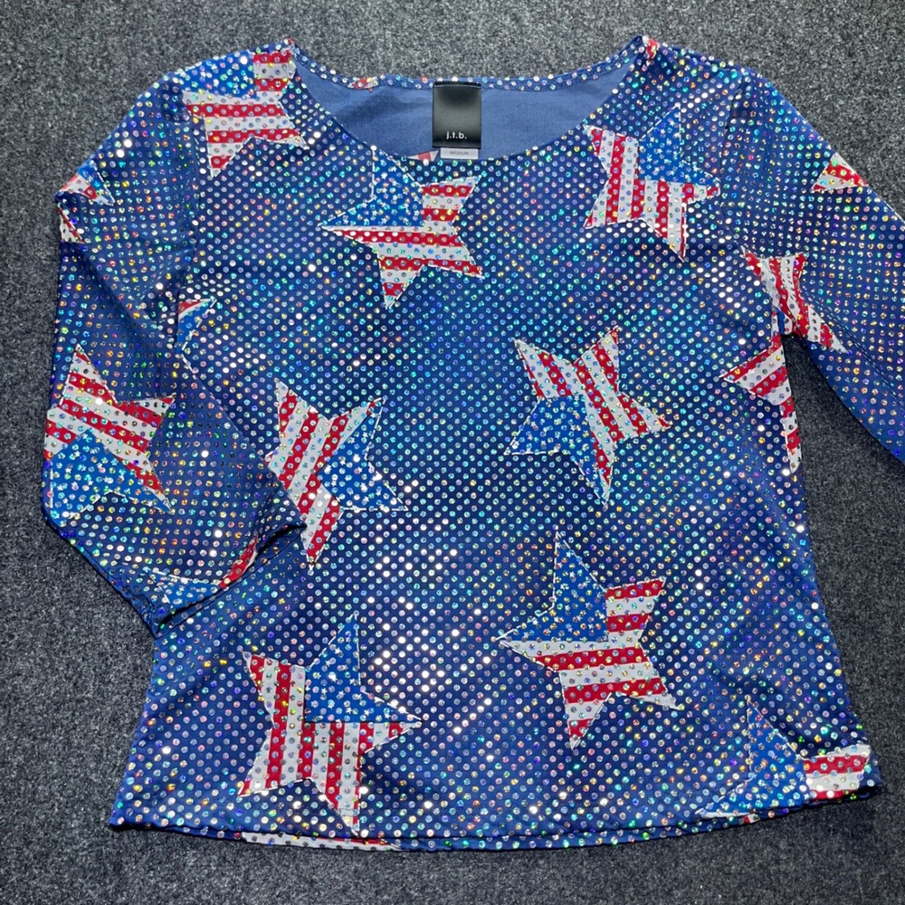 J.T.B. Sparkle Star Top Womens Medium Blue Excellent Patriotic USA 3/4 Sleeve